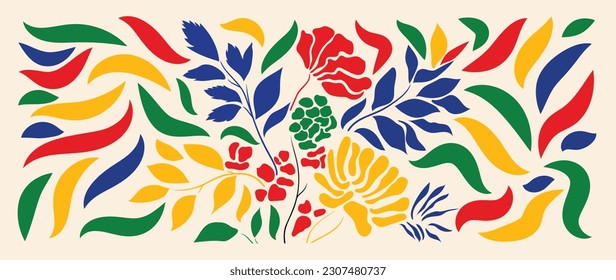 Colorful botanical background vector. Abstract natural hand drawn pattern design with flower, leaves, branch. Simple contemporary style illustrated Design for fabric, print, cover, banner, wallpaper.