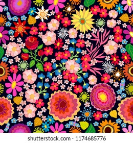 	
Colorful botanical carpet. Seamless vector pattern with different floral elements. Chrysanthemums, asters, wildflowers on dark background. Japanese, Chinese motifs. Vintage textile collection.