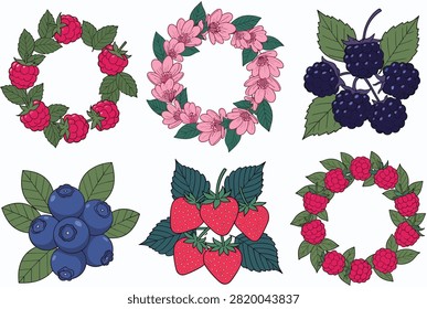 Colorful botanical collection of different berries including raspberries, blueberries, strawberries, and blackberries in various arrangements.