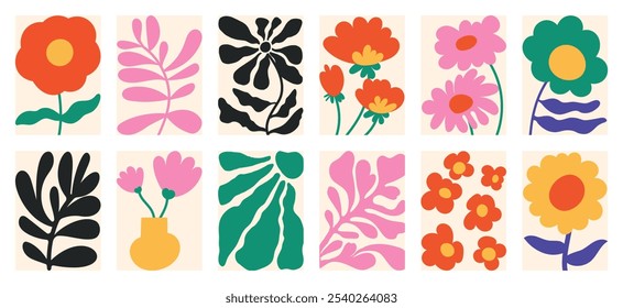 Colorful Botanical doodle background art vector set. Flower and leaves abstract shape doodle art design, plant, floral, leaf for print, wallpaper, clipart, wall art for home decoration.