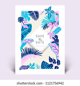 Colorful botanical invitation card template design, hand drawn tropical plants in pink, purple and blue tones