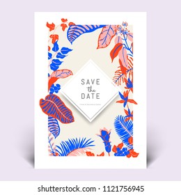 Colorful botanical invitation card template design, hand drawn tropical plants in red, blue and pink tones