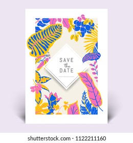 Colorful botanical invitation card template design, hand drawn tropical plants in pink, yellow and blue tones