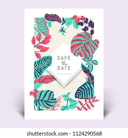 Colorful botanical invitation card template design, hand drawn tropical plants in green, dark blue and red tones Colorful botanical invitation card template design, hand drawn tropical plants in green, dark blue and red tones