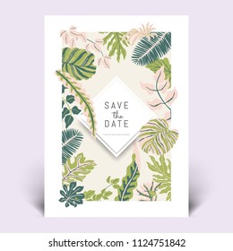 Colorful botanical invitation card template design, hand drawn tropical plants in light green, dark green and pink tones