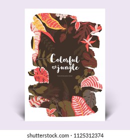 Colorful botanical invitation card template design, hand drawn tropical plants in black paint shape brush, red, yellow and brown tones