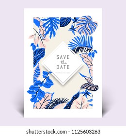 Colorful botanical invitation card template design, hand drawn tropical plants in blue, purple and light red tones