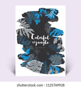 Colorful botanical invitation card template design, hand drawn tropical plants in black paint shape brush, blue and grey tones