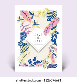 Colorful botanical invitation card template design, hand drawn tropical plants in pink, blue and yellow tones