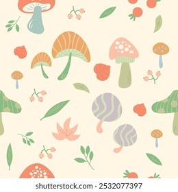 Colorful Botanical Mushroom Pattern, Seamless pattern Cute Mushroom in autumn themed Perfect For Textile and apparel prints, Stationery and planners, packaging designs, and more