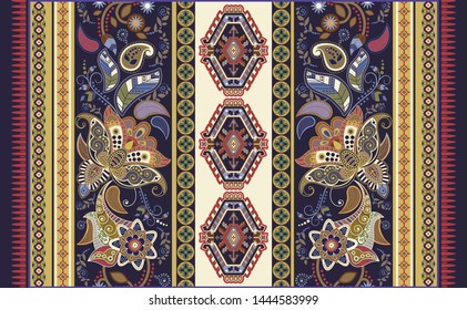 Colorful botanical ornamental vector design for rug, carpet, tapis. Persian rug, textile. Geometric floral backdrop. Arabian ornament with decorative elements. Turkey ornamental carpet