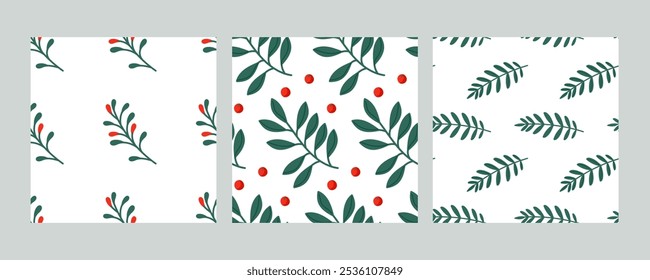 Colorful botanical patterns featuring red berries and green leaves on a light background