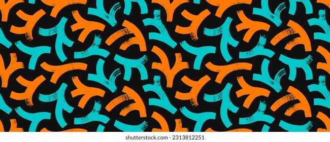 Colorful botanical seamless pattern with geometric bold branches. Brush drawn conifer multi colored texture, spruce or fir tree branches. Vector abstract foliage silhouettes. Decorative background.