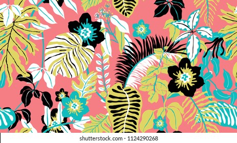 Colorful botanical seamless pattern, hand drawn tropical plants on pink background, blue, pink, yellow and black tones