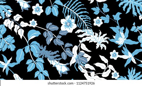 Colorful botanical seamless pattern, hand drawn tropical plants on black background, blue tone