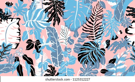 Colorful botanical seamless pattern, hand drawn tropical plants on pink background, blue, black and pink tones