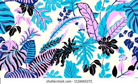 Colorful botanical seamless pattern, hand drawn tropical plants on light yellow background, blue, pink, purple and black tones