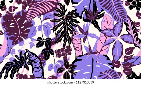 Colorful botanical seamless pattern, hand drawn tropical plants on pink background, black and purple tones