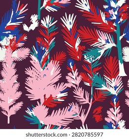 Colorful botanical seamless pattern with Pseudolarix amabilis and Tsuga heterophylla hemlock pine branches. Abstract vector illustration background.