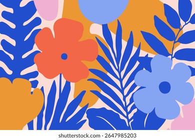 Colorful botanical shapes doodle background. Hand drawn abstract tropical leaves and flowers in matisse style, decorative bright art vector design.