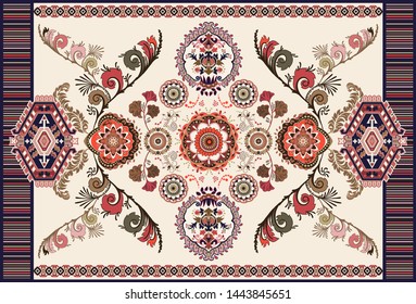 Colorful botanical vector design for rug, towel, carpet, textile, fabric, cover. Bright floral stylized decorative motifs. Rectangular ethnic floral design with ornamental center. Vector template rug