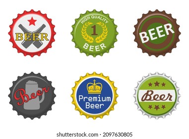 Colorful bottle beer caps set isolated on white background. Labels in the form of bottle aluminum caps, Beer bottle tops icon. Vector illustration