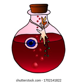 Colorful bottle with a magic potion. Eye floats in red liquid and chicken foot. Gothic style vector illustration isolated on white. Tattoo design, magic symbol for your use.
