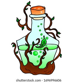 Colorful bottle with a magic potion. Bottle with tree branches and leaves. Gothic style vector illustration isolated on white. Tattoo design, magic symbol for your use.