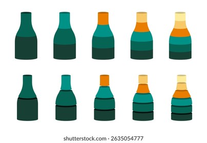 Colorful bottle neck segmentation. Colorful diagram infographic of cogwheel set. Segmented of 2, 3, 4, 5, and 6 parts.	