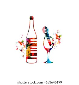 Colorful bottle with piano keyboard and wineglass with microphone isolated vector illustration. Background for restaurant poster, restaurant menu, music events, live music, karaoke party and festivals