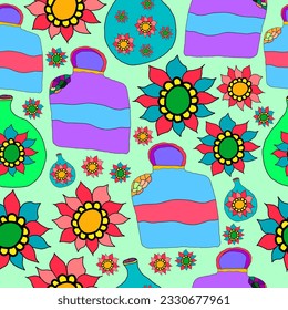 colorful bottle and potion jars perfumes seamless vector pattern. Colorful potions and bottles  with flowers seamless vector repeat pattern. Suitable for decorations, tiles, fabric, textile and more. 