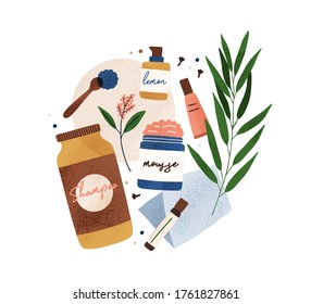 Colorful bottle and tubes of organic cosmetics with natural ingredients vector flat illustration. Eco friendly body, face and skincare isolated. Jars of beauty care composition with design elements