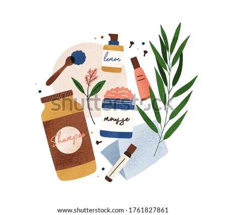 Colorful bottle and tubes of organic cosmetics with natural ingredients vector flat illustration. Eco friendly body, face and skincare isolated. Jars of beauty care composition with design elements