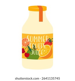 Colorful bottles and cans of various fruit drinks and beverages. Summer cold soft drinks and fruit juice