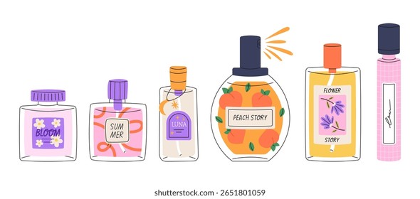 Colorful bottles and flasks of perfume set. Flat vector illustration isolated on white background.