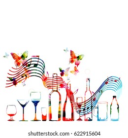 Colorful bottles and glasses with music notes isolated vector illustration. Background for restaurant poster, restaurant menu and music events
