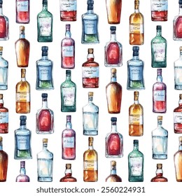 Colorful  bottles pattern. This seamless design features a variety of vibrant, hand-painted bottles in different shapes and sizes, perfect for creative projects, textiles, and home decor.