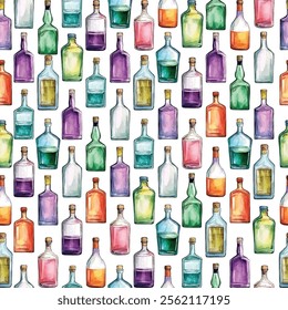 Colorful  bottles pattern. This seamless design features a variety of vibrant, hand-painted bottles in different shapes and sizes, perfect for creative projects, textiles, and home decor.