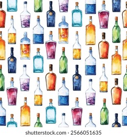 Colorful  bottles pattern. This seamless design features a variety of vibrant, hand-painted bottles in different shapes and sizes, perfect for creative projects, textiles, and home decor.