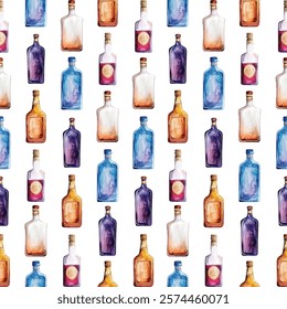 Colorful  bottles pattern. This seamless design features a variety of vibrant, hand-painted bottles in different shapes and sizes, perfect for creative projects, textiles, and home decor.