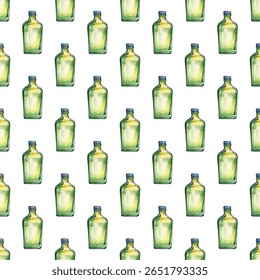 Colorful  bottles pattern. This seamless design features a variety of vibrant, hand painted bottles in different shapes and sizes, perfect for creative projects, textiles, and home decor.