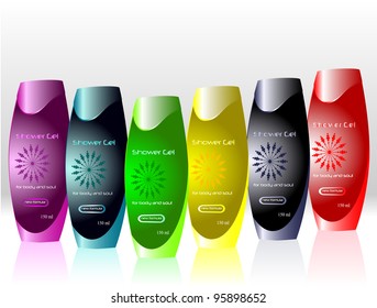 Colorful bottles with sample labels for shower gel or shampoo