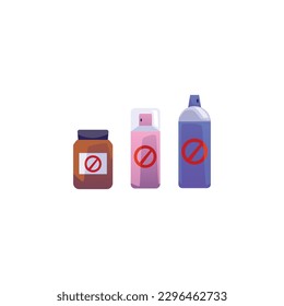 Botellas coloridas con pulverizadores tóxicos para el control de plagas de estilo plano, ilustración vectorial aislada en fondo blanco. Elementos de diseño, signo redondo rojo