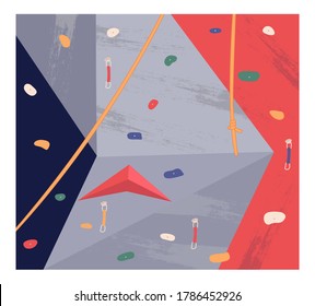 Colorful bouldering wall in a climbing gym. Active leisure and sport. Sports wall with grabs, doing bouldering. Climber crawling on steep simulated rock. Indoor rock climbing. Flat vector image