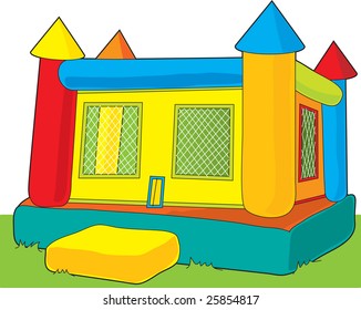 A colorful bounce castle set outdoors on white background