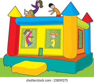 A colorful bounce castle set outdoors on white background with kids jumping