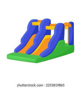 Colorful bouncy castle for kids. Vector drawing of inflated bouncy trampoline with slide. Childhood, entertainment concept