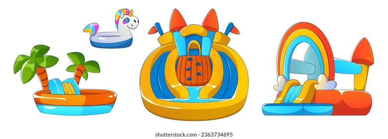 Colorful bouncy slides set isolated on white background. Vector cartoon illustration of kids aqua park design elements, inflated toy unicorn, trampoline island with palm trees, nice rainbow castle