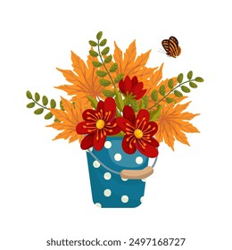 Colorful bouquet with autumn flowers and leaves in vintage vases and butterflies. Vector graphics.