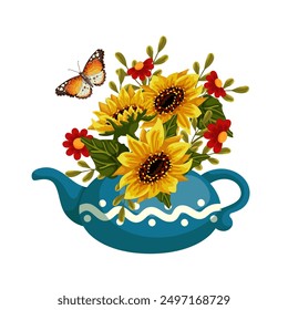 Colorful bouquet with autumn flowers and leaves in vintage vases and butterflies. Vector graphics.